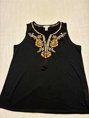 Style & Co. Black Tank with Yellow Floral Embroidery and Tassel